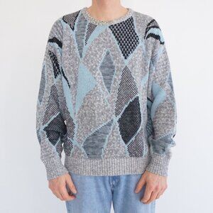 Vintage Club Europe Gray Blue Abstract Diamond Textured Knit Sweater Large